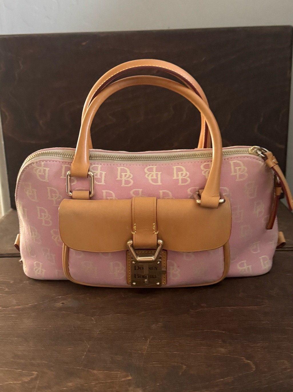 Dooney & Bourke Pink Logo Satchel With Tan Leather Accents